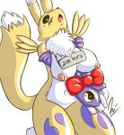  1_anthro 1_female 1_female_anthro 1girl 3_fingers anthro anthro_canine anthro_fox anthro_vixen arm_warmers big_breasts blue_eyes breasts canine detached_sleeves digimon female female_anthro female_anthro_fox female_renamon fox fur furry gift kneeling l1zardman looking_at_viewer nipples nude open_mouth raised_tail renamon ribbon solo tail toei_animation vixen white_background white_fur yellow_fur yin_yang 