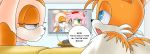 amy_rose annoyed cream_the_rabbit dialogue green_eyes greenhand miles_&quot;tails&quot;_prower multiple_tails pornography_(object) sonic sonic_*(series) sonic_the_hedgehog_(series) speaking speech_bubble tail text watching_porn