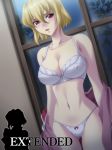  1girl :d bangs blonde_hair blush bow bow_panties bra breasts circle_epion cleavage erect_nipples gundam gundam_seed gundam_seed_destiny hips indoors large_breasts leaf lingerie looking_at_viewer military military_uniform naughty_face navel night night_sky off_shoulder open_clothes open_mouth open_shirt panties pink_eyes red_eyes shirt short_hair silhouette sky smile solo standing stella_loussier stellar_loussier thigh_gap thighs underwear underwear_only undressing uniform white_bra white_panties wide_hips window 