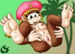  1_female 1_female_anthro 1_girl anthro anus blonde_hair clitoris dixie_kong donkey_kong donkey_kong_country female fur furry hair hat legs_up long_hair looking_at_viewer lying monkey pussy solo spread_legs tagme 