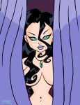 assesina big_breasts black_hair breasts catwoman cleavage curtain dc_comics drawing female green_eyes lipstick necklace nude pink_lips selina_kyle