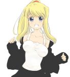 1girl blonde_hair blue_eyes blush breasts clothing female fullmetal_alchemist hide_(rightstuff_annex) long_hair off_shoulder open_clothes open_shirt ponytail potential_duplicate shirt skirt smile solo tank_top tied_hair winry_rockbell