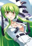  areola areolae arms_up blush breasts c.c. cc cleavage code_geass green_hair izumi_mahiru long_hair open_clothes strap straps yellow_eyes 