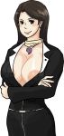 1girl ace_attorney areola_slip areolae ayasato_chihiro big_breasts breasts brown_eyes brown_hair capcom cleavage crossed_arms female female_only hair huge_breasts magatama mia_fey milf nipple_slip nipples saza solo_female