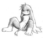  1boy 4_toes ambiguous_gender ambiguous_species anthro featureless_crotch fur furry klonoa looking_at_viewer monochrome nude sitting sketch solo tail 