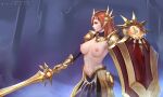  1girl 1girl 5:3_aspect_ratio armor azto_dio big_breasts breasts brown_eyes female_only high_resolution league_of_legends leona_(league_of_legends) long_hair navel nipples pale-skinned_female pale_skin red_hair shield sword topless valkyrie weapon 