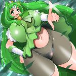  1girl amano_taiki breasts cure_march curvy detached_sleeves female green_eyes green_hair hair_ornament high_res highleg highleg_panties highres hips huge_breasts long_hair midorikawa_nao mound_of_venus navel open_mouth panties precure pretty_cure see-through shi_osuta_ooyake shorts skirt skirt_flip smile_precure! solo standing thick_thighs thighs underwear wide_hips 