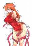  1girl android blush breasts brown_eyes china_dress chinadress chinese_clothes dress erect_nipples kikuta large_breasts orange_hair pussy_juice robot_ears serio simple_background solo tentacle tentacles tentacles_under_clothes to_heart trembling white_background 
