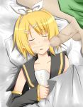  1girl bed blonde_hair blush closed_eyes cum cum_on_face cum_on_hair detached_sleeves ejaculation facial flat_chest hair handsfree_ejaculation kagamine_rin lying open_mouth oral penis rin_kagamine rioshi short_hair sleeping solo_focus vocaloid 