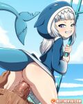  1boy 1girl anus ass ass_grab blue_eyes dat_ass fangs from_behind gawr_gura hololive long_hair penetration pussy reit sex smile tail thick_thighs thighhighs thighs vaginal vtuber white_hair 