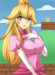  1girl big_breasts blonde_hair blue_eyes blue_sky breast_suppress breasts brooch clouds coin crown dress earrings elbow_gloves hand_on_own_chest jewelry long_hair looking_at_viewer megane_man pink_dress princess_peach smile super_mario_bros. white_gloves 