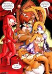  ass battle_angel breasts bunnie_rabbot cum foursome knuckles_the_echidna miles_&quot;tails&quot;_prower multiple_tails penis pussy sally_acorn smile sonic sonic_team speech_bubble spread_legs sweat tail text throne 