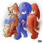  3boys knuckles_the_echidna male male_only miles_&quot;tails&quot;_prower multiple_tails sonic_(series) sonic_the_hedgehog tail yaoi 