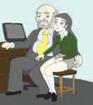  1girl age_difference bald_man beard bench chair computer desk gspy2901 old_man school_girl school_uniform schoolgirl sexually_suggestive smaller_female teenage touching touching_penis ugly_man 