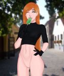  bottomless hand_on_hip kim_possible kimberly_ann_possible naked_from_the_waist_down no_panties shaved_pussy thighs wink 
