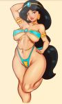 1girl aladdin_(series) alluring arab black_hair breasts brunette clothed disney earrings female female_abs female_human female_only hips human jewelry legs lipstick long_black_hair long_hair looking_at_viewer micro_bikini necklace princess_jasmine revealing_clothes sexy slut solo standing thick_thighs top wink