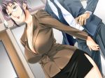  1girl big_breasts blazer breasts business_suit cleavage clothes crotch_grab fingernails formal game_cg gibo_to_oba glasses green_eyes hair horny huge_breasts jacket jewelry kuramochi_yoshimi lipstick makeup married milf miura_takehiro omegat pencil_skirt purple_hair ring skirt skirt_suit solo_focus source_request suit teacher thighhighs wedding_band wedding_ring wife 