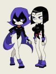  1girl big_breasts black_hair black_leotard boots breasts cloak cuffs dc dc_comics female female_focus female_only forehead_jewel frown full_body leotard multiple_views pouting purple_eyes raven_(dc) shoes short_hair simple_background standing teen_titans teen_titans_go thighs yuta_agc 