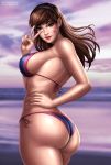 1girl alluring ass background big_ass big_breasts bikini breasts brown_eyes brown_hair brunette cleavage d.va d.va_(overwatch) female_only flowerxl lipstick looking_at_viewer looking_back overwatch pinup side_view sideboob thick_thighs thighs v