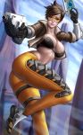  1girl ass big_ass big_breasts black_gloves bomber_jacket bra breasts brown_hair cleavage flowerxl gloves gun legs lena_oxton looking_at_viewer navel overwatch short_hair smile thighs tracer_(overwatch) visor weapon 