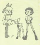 3girls aged_up black_hair blonde_hair blossom_(ppg) blue_eyes bob_cut bubbles_(ppg) buttercup_(ppg) cartoon_network dominatrix garabatoz green_eyes monochrome multiple_girls powerpuff_girls red_eyes red_hair siblings sisters tied_hair twintails