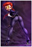 2013 ass bent_over cosplay crimson_viper dexter&#039;s_laboratory dexter&#039;s_mom eyelashes fernando_faria_(artist) gloves halloween high_heels lipstick long_hair looking_back milf ponytail purple_gloves red_lipstick shiny shiny_skin smile solo street_fighter sunglasses teeth wide_hips