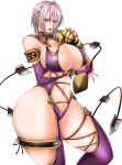  1041_(toshikazu) 1girl alluring armor blue_eyes breast_hold breasts cleavage huge_breasts isabella_valentine navel revealing_clothes short_hair sideboob silver_hair simple_background soul_calibur sword thick_thighs thighs whip whip_sword wide_hips 