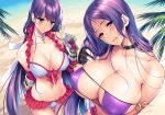  2_girls arm_under_breasts armlet arms_behind_back beach bikini black_gloves blue_eyes blush breast_hold breasts choker cleavage covered_nipples earrings elbow_gloves fate/grand_order fate_(series) fingerless_gloves frilled_bikini frills front-tie_bikini front-tie_top gauntlets gloves head_tilt huge_breasts jewelry large_breasts lips long_hair looking_at_viewer minamoto_no_raikou_(fate) minamoto_no_raikou_(swimsuit_lancer) navel outside parted_lips piromizu purple_bikini purple_hair red_gloves saint_martha saint_martha_(swimsuit_ruler) single_fingerless_glove swimsuit thigh_gap very_long_hair wet wet_hair white_bikini 