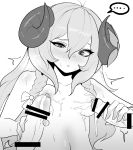  1girl 2020 2boys black_and_white blush bow braid breasts censor_bar censored cum cum_on_breasts double_handjob handjob hetero horns kimtoxic kindred lamb_(league_of_legends) league_of_legends long_hair looking_at_penis looking_down male/female monochrome multiple_penises nipples penis riot_games small_breasts spirit_blossom_kindred spirit_blossom_series tagme 