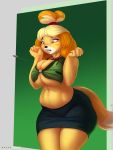 1girl animal_crossing animal_crossing_new_leaf anthro atsuii big_breasts breasts brown_eyes canid canine canine_humanoid canis cleavage clothed clothing collaboration domestic_dog doubutsu_no_mori furry hair hair_tie invalid_tag isabelle_(animal_crossing) jingle_bell mammal nintendo pinup ponytail pose racoe secretary shih_tzu shizue_(doubutsu_no_mori) slightly_chubby thick_ass thick_legs thick_thighs toy_dog video_games wardrobe_malfunction wide_hips yellow_fur