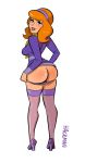  1girl ass clothed daphne_blake dress dress_lift female female_only hackman23 hairband high_heels looking_at_viewer looking_back panties panties_pull red_hair scooby-doo solo standing stockings white_background 