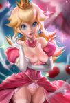  1girl blonde_hair blue_eyes breasts crown dress earrings exposed_breasts exposed_pussy female female_human female_only gloves hairless_pussy looking_at_viewer no_bra no_panties partially_clothed princess_peach pussy sakimichan solo standing stockings super_mario_bros. 