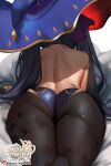  absurd_res ass ass_focus back_view backless_outfit bed_sheet black_legwear bubble_butt dako from_behind genshin_impact high_res leggings leotard lying mona_(genshin_impact) on_stomach pantyhose thick_thighs thighs twin_tails watermark witch_hat 