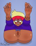 1girl anus barefoot blonde_hair blush carol_kincaid cartoon_network cleavage dark_skin eyes_half_open feet female_only foot_fetish jumpsuit milf mr._chase_comix ok_k.o.!_let&#039;s_be_heroes pussy red_headband smile soles solo_female toes tooth_gap