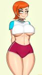  1girl 1girl 2021 aged_up arms_behind_back bare_legs belly_button ben_10 blush breasts cameltoe cartoon_network choker drunkavocado erect_nipples erect_nipples_under_clothes female_focus female_only green_eyes gwen_tennyson hairclip high_res hips huge_breasts looking_at_viewer midriff orange_hair puffy_nipples puffy_pussy red_shorts short_hair short_shorts shorts simple_background slim_waist smile thick_thighs thighs under_boob white_shirt wide_hips 