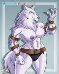  anthro belt big_breasts black_nose blue_eyes breasts claws digital_media_(artwork) fan_character fur furry jackintaro looking_at_viewer muscular muscular_female nipples oc simple_background white_body white_fur wolf wolf_girl 