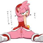  1girl amy_rose anus ass blush bracelet female furry green_eyes hair hairband hairless_pussy heart japanese_text looking_at_viewer looking_back looking_over_shoulder no_panties pink_hair pussy sega simple_background solo sonic sonic_the_hedgehog spread_legs sweat tail tamagoro tamagoroo_(funifuni_labo) text translated uncensored white_background 