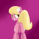 1girl anus ass blonde_mane cutie_mark earth_pony equid equine female flower_in_hair friendship_is_magic hasbro horse lily_(mlp) looking_at_viewer looking_back my_little_pony pink_fur pony presenting_hindquarters pussy solo standing tail yellow_eyes