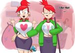  2_girls annoyed annoyed_expression bimbo clone earrings foster&#039;s_home_for_imaginary_friends frankie_foster greyimpaction imaginary_frankie ponytail red_hair shirt_pull 