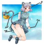  1girl animal_ears ass bad_id basket blush female grey_hair jewelry michii_yuuki mouse mouse_ears mouse_tail nazrin panties pendant red_eyes short_hair solo striped striped_panties tail touhou underwear upskirt 