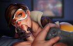 1boy 1girl activision blizzard_entertainment british brown_hair clothed_female erection fellatio gloves goggles lena_oxton looking_at_viewer male male/female oral orange-tinted_eyewear overwatch penis pov radsquid short_hair straight tracer_(overwatch) video_game_character video_game_franchise