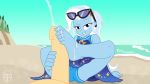  1boy 1girl beach clothed cum cum_on_foot cum_on_toes cumshot ejaculation equestria_girls erection footjob friendship_is_magic looking_at_viewer lying male/female my_little_pony panties penis smile sunglasses sunglasses_on_head trixie trixie_(mlp) 