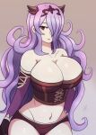 1girl alluring alternate_costume armor_break bare_shoulders big_breasts black_panties breasts broken_armor bustier camilla_(fire_emblem) cleavage corset curvy female_only fire_emblem fire_emblem_fates fire_emblem_warriors hair_over_one_eye lingerie long_hair midriff nintendo official_alternate_costume panties purple_eyes purple_hair raydango thick_thighs underwear very_long_hair voluptuous