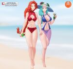 2girls abs alluring alternate_costume ass_visible_through_thighs athletic_female barefoot beach big_breasts bikini blue_bikini blue_hair blue_swimsuit braid braided_ponytail breasts cleavage crazzeffect female_abs female_only fire_emblem fire_emblem:_path_of_radiance fire_emblem:_radiant_dawn fit_female green_eyes hair_over_shoulder hat holding_hands long_hair medium_breasts multiple_girls nintendo ocean orange_hair outside ponytail red_bikini red_swimsuit sand sarong see-through side_ponytail sigrun_(fire_emblem) smile sun_hat swimsuit titania_(fire_emblem) very_long_hair yuri