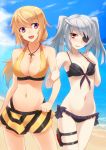  2girls :d beach belly bikini bikini_skirt blonde_hair blue_sky breasts charlotte_dunois cleavage eyepatch flat_chest groin hair highres infinite_stratos jewelry laura_bodewig long_hair lowleg midriff multiple_girls navel necklace ocean open_mouth pink_eyes prime purple_eyes red_eyes silver_hair sky small_breasts smile swimsuit thigh_strap twin_tails twintails wavy_mouth white_hair 