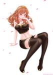 1girl 1girl 1girl absurd_res alluring alternate_costume black_footwear black_legwear black_shorts blush breasts celica_(fire_emblem) cherry_blossoms chungmechanic cleavage collarbone commentary_request commission earrings embarrassed eyebrows_visible_through_hair female_only fire_emblem fire_emblem_echoes:_shadows_of_valentia fire_emblem_warriors full_body hairband hand_to_own_mouth high_heels high_res invisible_chair jewelry long_hair medium_breasts midriff navel nintendo orange_eyes orange_hair petals photoshop_(medium) short_shorts shorts simple_background sitting stockings strapless thighs tube_top twitter_username white_background wind 