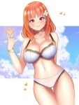 1girl 1girl 1girl alluring alternate_breast_size arm_behind_back bangs big_breasts bikini blunt_bangs blush bracelet breasts celica_(fire_emblem) choker cleavage cloud collarbone cross earrings english_commentary eyebrows_visible_through_hair fire_emblem fire_emblem_echoes:_shadows_of_valentia fire_emblem_gaiden flower gold_bracelet gold_choker gold_earrings gold_necklace gold_trim hair_flower hair_ornament heart high_res jewelry jxh_soda letterboxed lips looking_at_viewer navel necklace nintendo orange_hair red_eyes ring shadow sky smile solo_female swimsuit thigh_gap thighs v white_bikini white_flower 