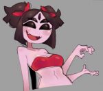  1girl 1girl 4_arms 5_eyes anthro anthro_only arachnid blush crop_top cute female_anthro female_only grey_background grin hairbow medium_breasts midriff muffet multiple_arms multiple_eyes open_mouth readraws reahmi short_hair short_twintails simple_background solid_color_background solo_female spider spider_girl undertale undertale_(series) upper_body 