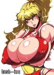  1girl areola areolae bare_shoulders bash-inc blonde_hair breast_hold breasts bursting_breasts capcom cleavage erect_nipples final_fight genryuusai_maki huge_breasts large_areolae long_hair muscle ninja ponytail red_eyes solo 