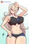  1girl 1girl 1girl alluring ass_visible_through_thighs bare_thighs big_breasts breasts corrin_(fire_emblem) corrin_(fire_emblem)_(female) covered_nipples female_only fire_emblem fire_emblem_fates fire_emblem_warriors grin hair_between_eyes long_hair nintendo one_eye_closed raydango red_eyes shorts sideboob sweat thick_thighs thighs very_long_hair 